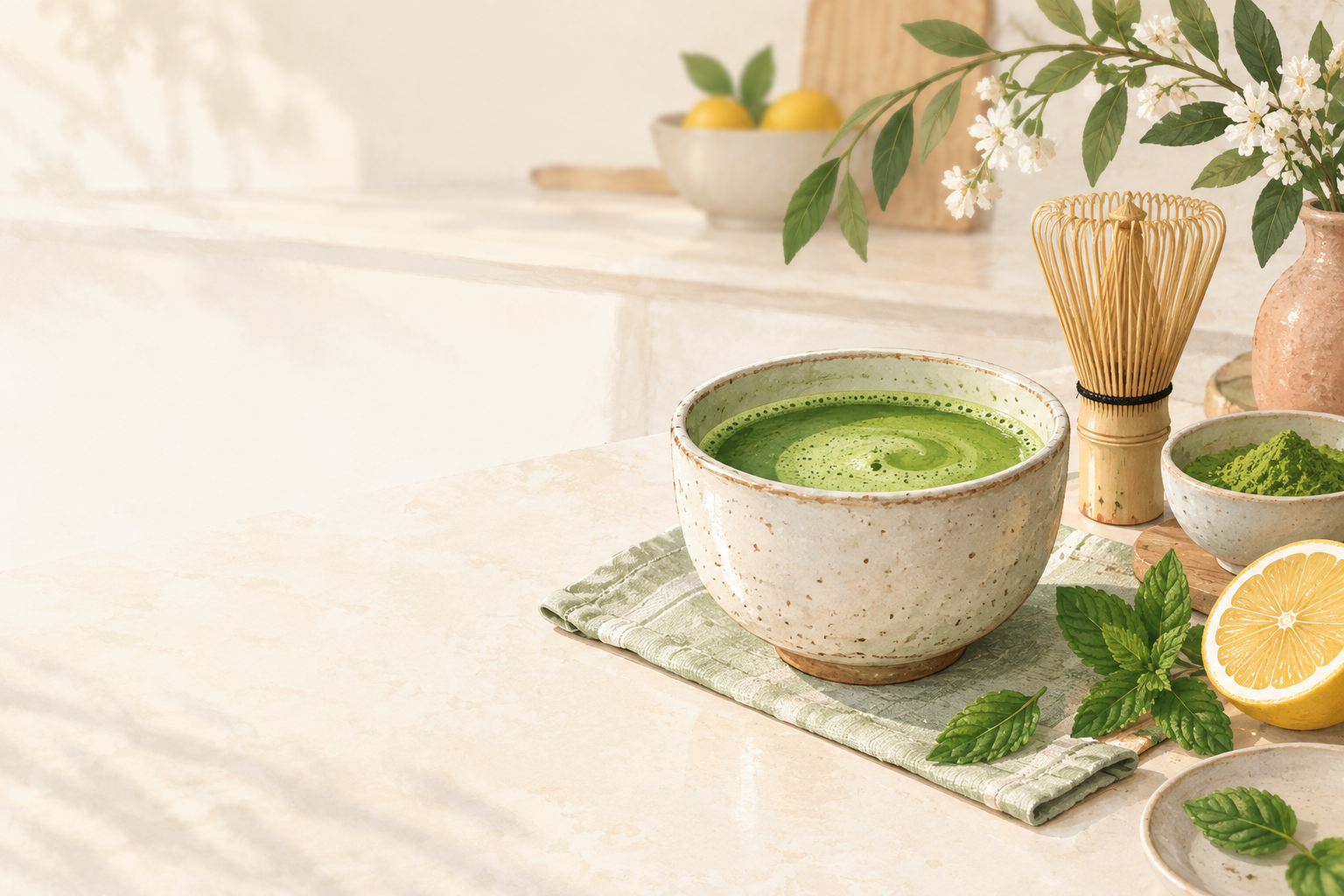 Illustration of a cup of matcha with lemon, mint, and a bamboo whisk